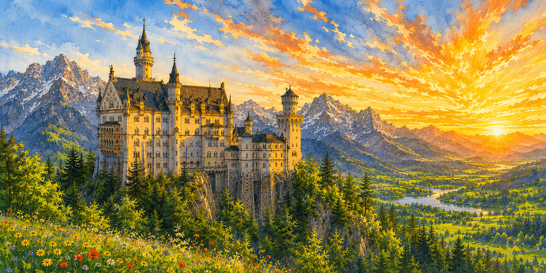 Neuschwanstein Castle · summer dawn